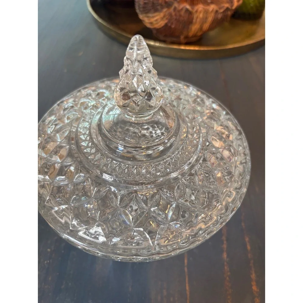 Vintage Clear Pressed Glass Candy Dish with Lid Diamond Point Pedestal Compote